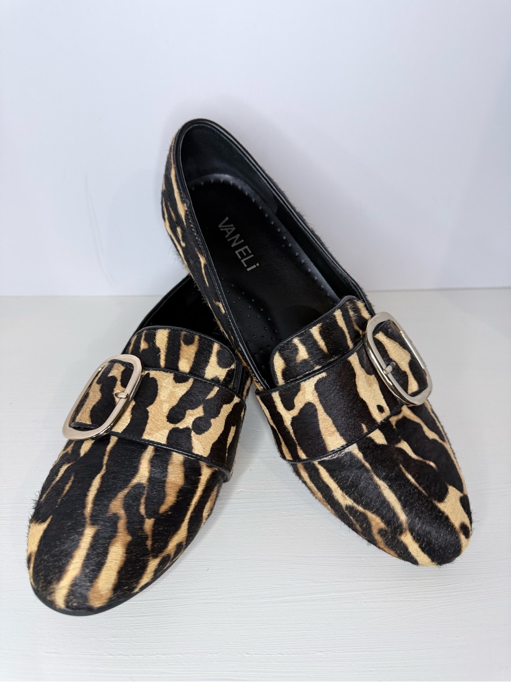 Vaneli Tiger-Print Haircalf Buckle Loafers  Size 8.5 Narrow